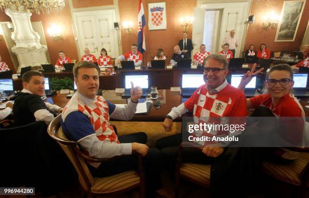 Prime Minister of Croatia Andrej Plenkovic and ministers in the cabinet attend a meeting in soccer team jerseys to mark Croatia National Football...
