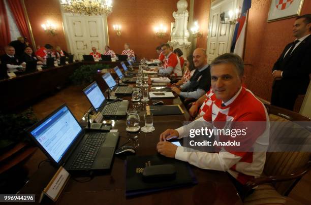 Prime Minister of Croatia Andrej Plenkovic and ministers in the cabinet attend a meeting in soccer team jerseys to mark Croatia National Football...