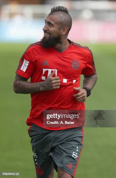 Arturo Vidal of FC Bayern Muenchen practices during a training session at the club's Saebener Strasse training ground on July 12, 2018 in Munich,...