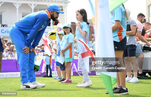 India captain Virat Kohli speaks one of the allstars cricketers ahead of the Royal London One-Day match between England and India at Trent Bridge on...