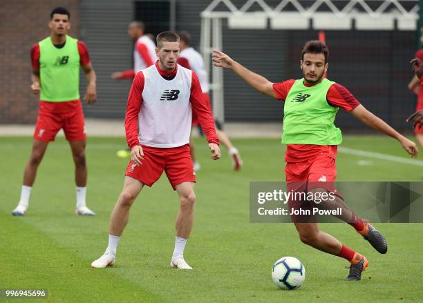 Ryan Kent and Pedro Chirivella during a training session at Melwood Training Ground on July 12, 2018 in Liverpool, England.