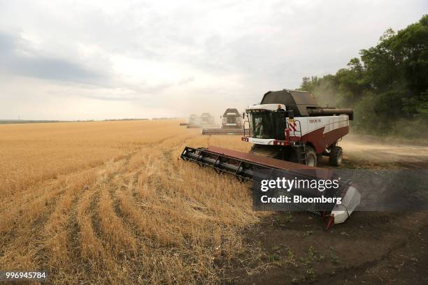 Torum combine harvesters, manufactured by Rostselmash OJSC, prepare to turn as they drive through a field of wheat during the summer harvest on a...