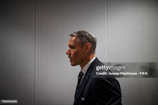 Marco van Basten arrives to the media briefing with FIFA Technical Study Group at Luzhniki Stadium on July 12, 2018 in Moscow, Russia.