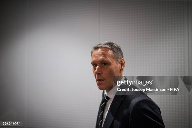 Marco van Basten arrives to the media briefing with FIFA Technical Study Group at Luzhniki Stadium on July 12, 2018 in Moscow, Russia.