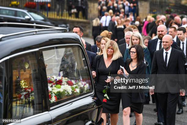 Eileen Rankin the wife of Bay City Roller guitarist Alan Longmuir attends his funeral at Allan Church on July 12, 2018 in Bannockburn, Scotland. The...