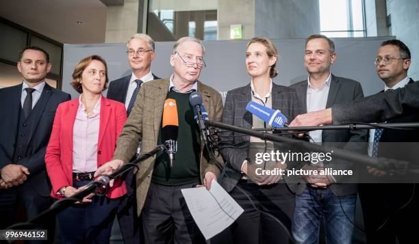 The AfD parliamentary group chairman Alexander Gauland and Alice Weidel stand together with the newly elected deputy parliamentary group chairmen of...