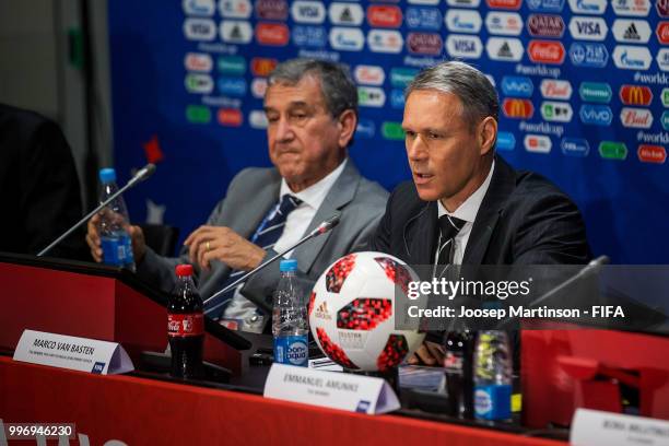 Marco van Basten speaks during media briefing with FIFA Technical Study Group at Luzhniki Stadium on July 12, 2018 in Moscow, Russia.