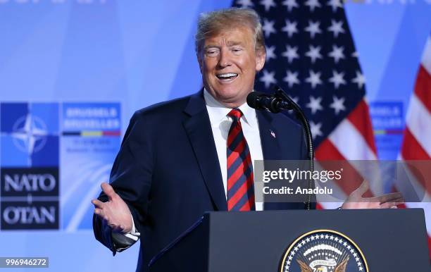 President Donald Trump speaks to the media at a press conference held after the 2018 NATO Summit on July 12, 2018 in Brussels, Belgium.