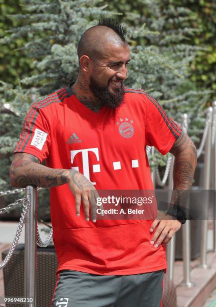 Arturo Vidal of FC Bayern Muenchen smiles after a training session at the club's Saebener Strasse training ground on July 12, 2018 in Munich, Germany.