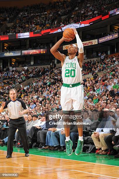 Ray Allen of the Boston Celtics makes a jumpshot against the Memphis Grizzlies on March 10, 2010 at the TD Garden in Boston, Massachusetts. NOTE TO...