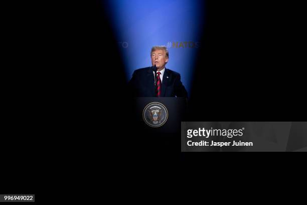President Donald Trump speaks during a news conference at the 2018 NATO Summit at NATO headquarters on July 12, 2018 in Brussels, Belgium. Leaders...