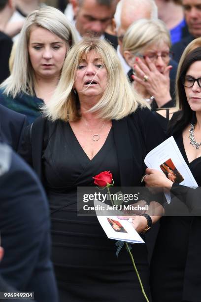 Eileen Rankin the wife of Bay City Roller guitarist Alan Longmuir attends his funeral at Allan Church on July 12, 2018 in Bannockburn, Scotland. The...