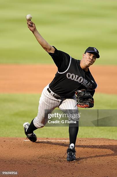 Ubaldo Jimenez of the Colorado Rockies pitches against the Washington Nationals at Nationals Park on April 22, 2010 in Washington, DC.