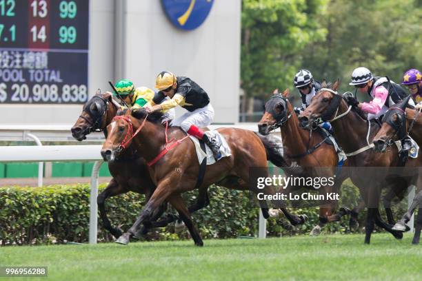 Jockey Hugh Bowman riding Run Forrest wins Race 2 Audemars Piguet Lady Royal Oak Handicap at Sha Tin racecourse on April 26 , 2015 in Hong Kong.