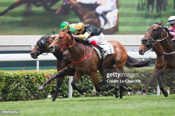 Jockey Hugh Bowman riding Run Forrest wins Race 2 Audemars Piguet Lady Royal Oak Handicap at Sha Tin racecourse on April 26 , 2015 in Hong Kong.