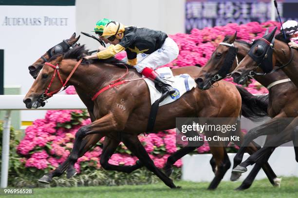 Jockey Hugh Bowman riding Run Forrest wins Race 2 Audemars Piguet Lady Royal Oak Handicap at Sha Tin racecourse on April 26 , 2015 in Hong Kong.