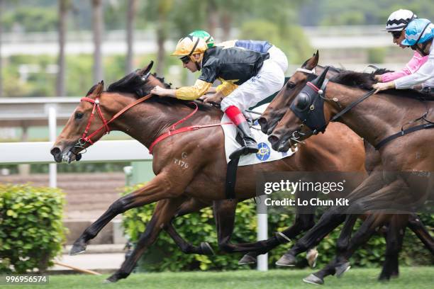 Jockey Hugh Bowman riding Run Forrest wins Race 2 Audemars Piguet Lady Royal Oak Handicap at Sha Tin racecourse on April 26 , 2015 in Hong Kong.