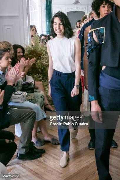 Spanish designer Carlota Barrera walks the runway after her show at Mercedes Benz Fashion Week Madrid Spring/ Summer 2019 on July 12, 2018 in Madrid,...