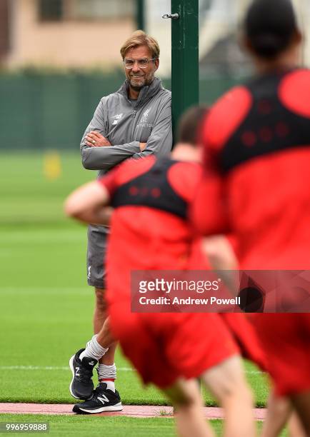Jurgen Klopp manager of Liverpool during a training session at Melwood Training Ground on July 12, 2018 in Liverpool, England.