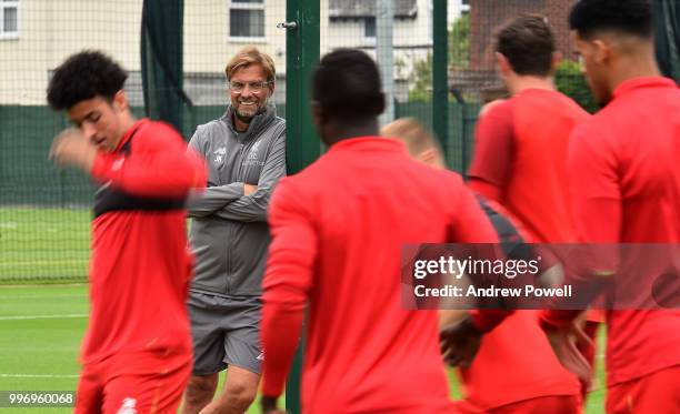 Jurgen Klopp manager of Liverpool during a training session at Melwood Training Ground on July 12, 2018 in Liverpool, England.