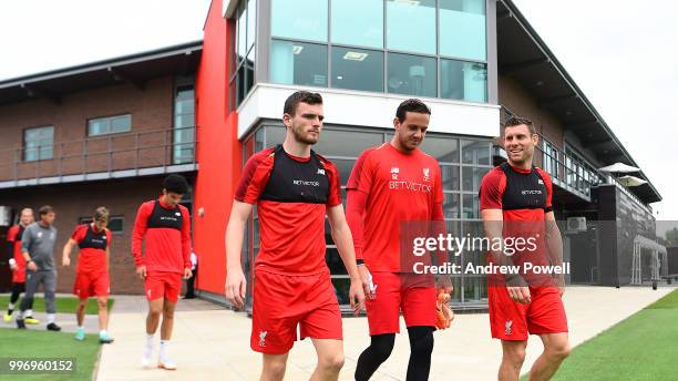 Andrew Robertson, Danny Ward and James Milner of Liverpool during a training session at Melwood Training Ground on July 12, 2018 in Liverpool,...