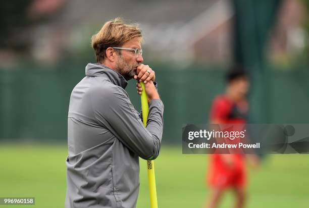 Jurgen Klopp manager of Liverpool during a training session at Melwood Training Ground on July 12, 2018 in Liverpool, England.