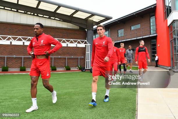 Nathaniel Clyne and Harry Wilson of Liverpool during a training session at Melwood Training Ground on July 12, 2018 in Liverpool, England.