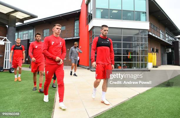 Ben Woodburn and Ryan Kent of Liverpool during a training session at Melwood Training Ground on July 12, 2018 in Liverpool, England.