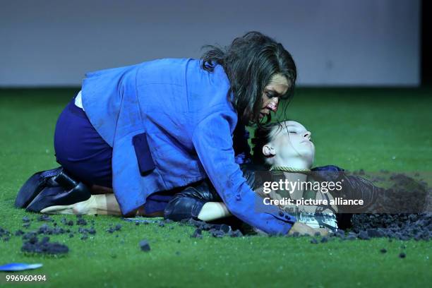 Ulrike Folkerts as Cookie Close and Celina Rongen as Dawn can be seen on stage during a photo rehearsal of the theatre piece "Fuer immer schoen" at...