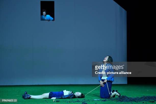 Ulrike Folkerts as Cookie Close and Celina Rongen as Dawn can be seen on stage during a photo rehearsal of the theatre piece "Fuer immer schoen" at...