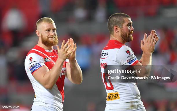 St Helens' Luke Thompson applauds the fans after the final whistle