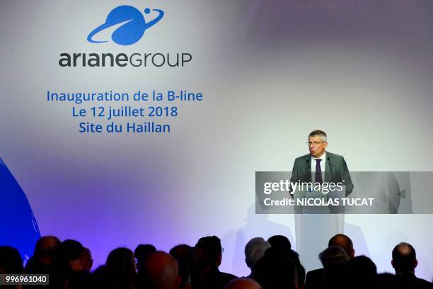 Of the aerospace company ArianeGroup, Alain Charmeau, delivers a speech during the inauguration of the B-Line factory on July 12, 2018 in Le Haillan,...