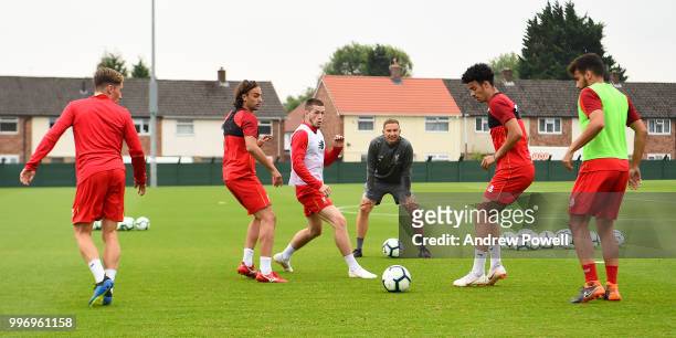 Harry Wilson, Lazar Markovic, Ryan Kent, Curtis Jones and Perdro Chirivella of Liverpool during a training session at Melwood Training Ground on July...