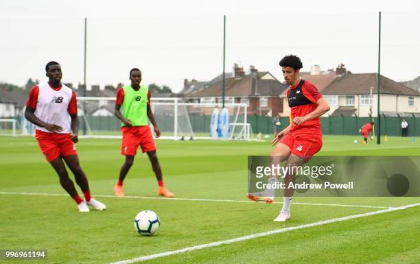 Curtis Jones of Liverpool during a training session at Melwood Training Ground on July 12, 2018 in Liverpool, England.