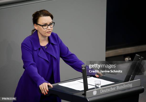 Michelle Muentefering, SPD, is pictured during her speech at the Plenary Session of the Bundestag on July 04, 2018 in Berlin, Germany.