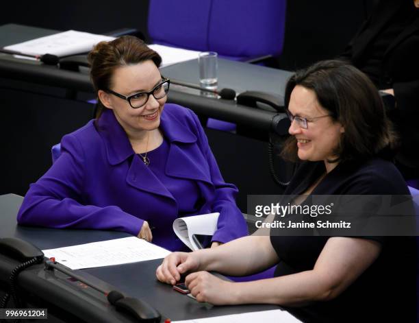 Michelle Muentefering, SPD, and Andrea Nahles, SPD, are pictured during a conversation at the Plenary Session of the Bundestag on July 04, 2018 in...