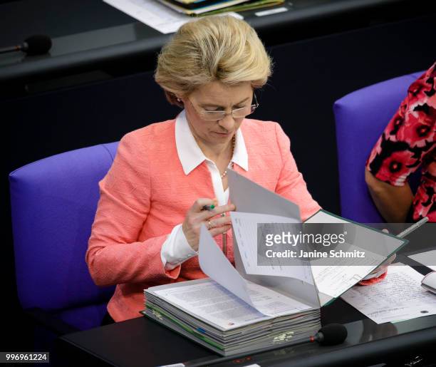 German Defense Minister Ursula von der Leyen is pictured during the Plenary Session of the Bundestag on July 04, 2018 in Berlin, Germany.