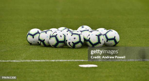 Premier league match balls during a training session at Melwood Training Ground on July 12, 2018 in Liverpool, England.