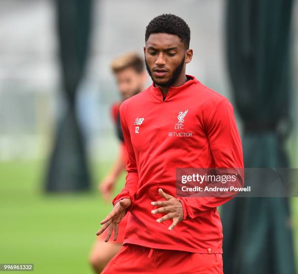 Joe Gomez of Liverpool during a training session at Melwood Training Ground on July 12, 2018 in Liverpool, England.