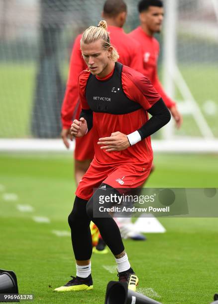 Loris Karius of Liverpool during a training session at Melwood Training Ground on July 12, 2018 in Liverpool, England.