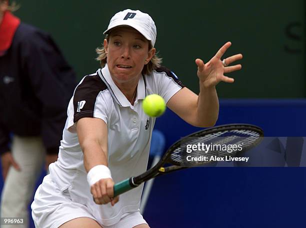 Lisa Raymond of USA in action during her 0-6, 4-6 Semi-Final defeat by Nathalie Tauziat of France in the DFS Classic at the Priory Club in Edgbaston,...