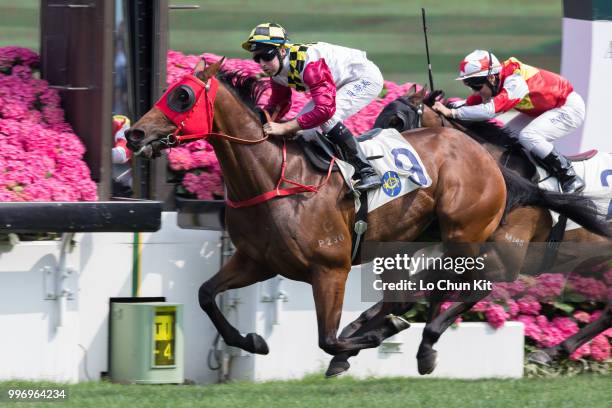 Jockey Tommy Berry riding Supreme Profit wins Race 5 Audemars Piguet Royal Oak Offshore Handicap at Sha Tin racecourse on April 26 , 2015 in Hong...