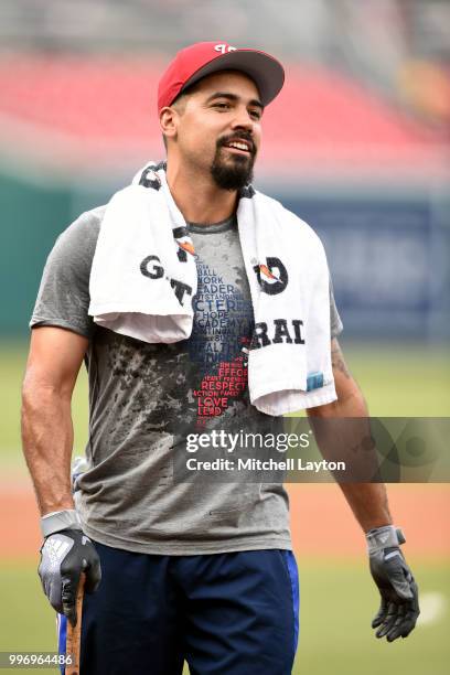 Anthony Rendon of the Washington Nationals looks on during batting practice of a baseball game against the Miami Marlins at Nationals Park on July 5,...