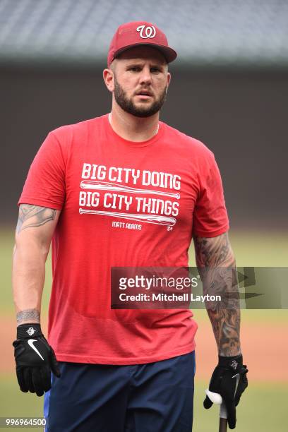 Matt Adams of the Washington Nationalss looks on during batting practice of a baseball game against the Miami Marlins at Nationals Park on July 5,...