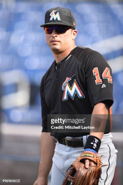 Martin Prado of the Miami Marlins looks on during batting practice of a baseball game against the Washington Nationals at Nationals Park on July 5,...