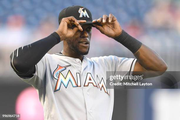 Cameron Maybin of the Miami Marlins looks on before a baseball game against the Washington Nationals at Nationals Park on July 5, 2018 in Washington,...