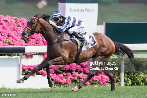 Jockey Joao Moreira riding Packing Eagle wins Race 6 Audemars Piguet Lady Royal Oak Offshore Handicap at Sha Tin racecourse on April 26 , 2015 in...