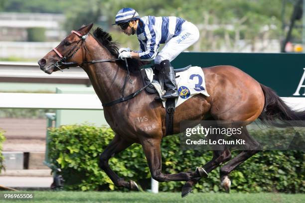 Jockey Joao Moreira riding Packing Eagle wins Race 6 Audemars Piguet Lady Royal Oak Offshore Handicap at Sha Tin racecourse on April 26 , 2015 in...