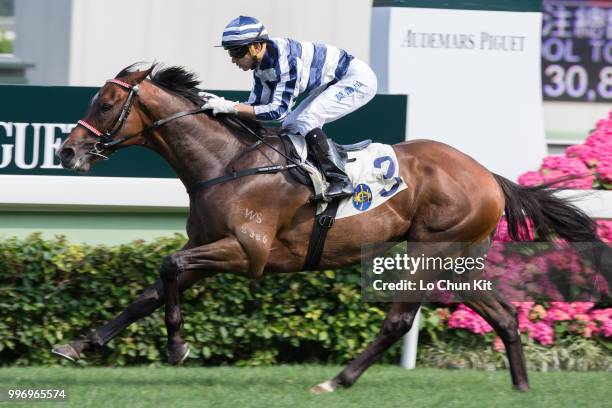 Jockey Joao Moreira riding Packing Eagle wins Race 6 Audemars Piguet Lady Royal Oak Offshore Handicap at Sha Tin racecourse on April 26 , 2015 in...