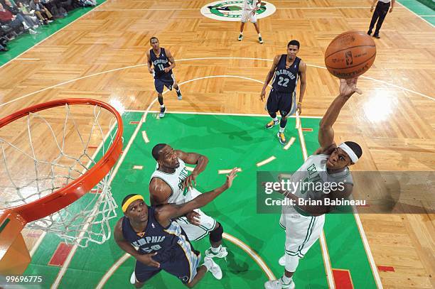 Rajon Rondo of the Boston Celtics puts up a shot in the lane during the game against the Memphis Grizzlies on March 10, 2010 at the TD Garden in...